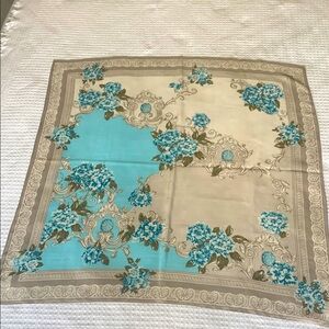 The Vera studio, vintage silk floral scarf square tan and turquoise